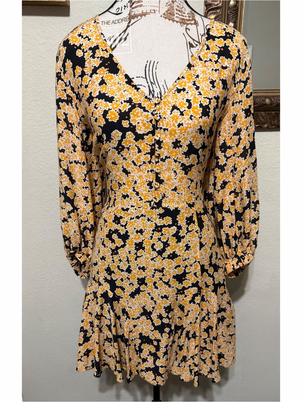 & Other Stories Black and Yellow Floral V-Neck Dress